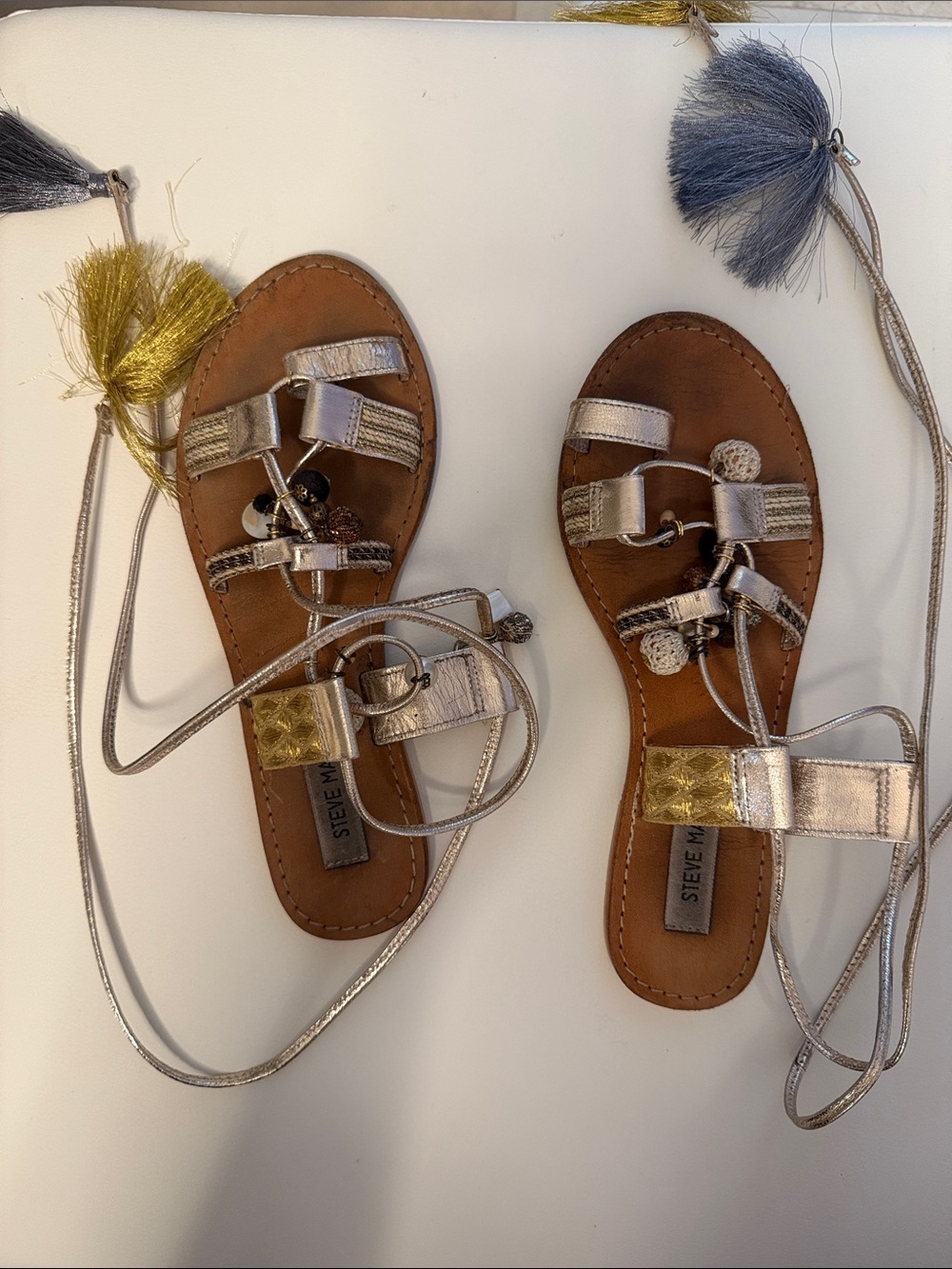 Steve Madden Metallic Silver and Brown Lace-Up Gladiator Sandals